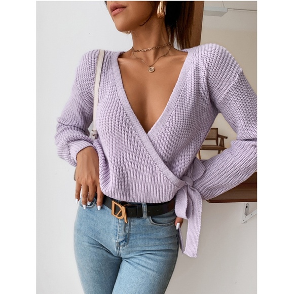 Lavender Knit Wrap V-Neck Crop Sweater - Picture 5 of 8